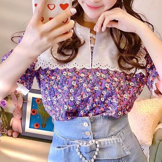 扉娜VINASHOP 甜美蕾絲娃娃領碎花雪紡短袖襯衫上衣