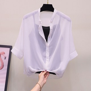 格子雪紡二件式襯衫 V領七分袖 韓版蝙蝠袖襯衫