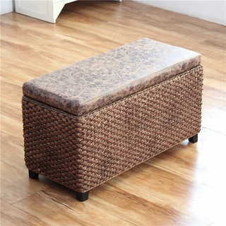 換鞋凳 床尾凳 儲物凳 儲物箱 可坐收納凳子 藤編沙發凳 實木長條凳 床尾凳 門口換鞋凳, 1個, 蒲草辮(原色)/黑花蓋,普通款(50x30x30)