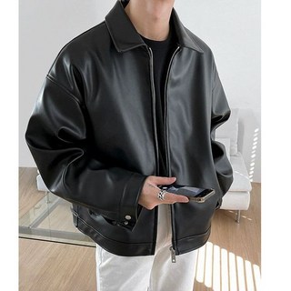 素面黑魂皮外套 皮衣 穿搭 皮衣外套 Y2K 落肩 寬鬆 皮革 外套 騎士情侶 夜店皮外套 立領皮衣外套