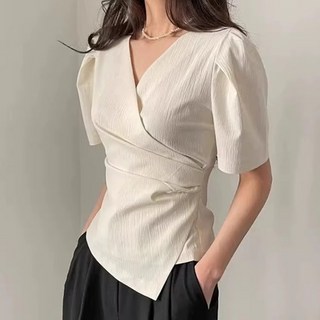 유니온 여성 언밸런스 프렌치 셔링 반팔 셔츠