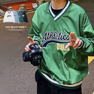 HYC 韓國代購 美式V領字母印花刺繡上衣，百搭流行，長袖大學T，防水面料，復古運動風, 金龜綠,L