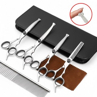 소소룸 강아지 찔림방지 안전 애견 미용가위 홈케어 5종 세트, 실버+블랙