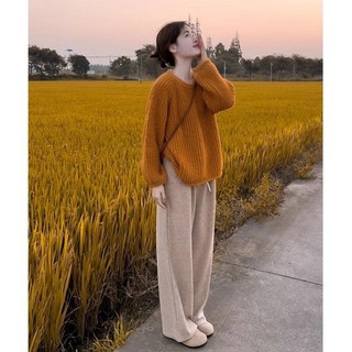 日系橘色針織衫毛衣 秋冬寬鬆慵懶風 長袖上衣