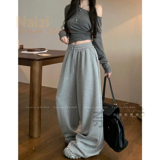 慵懶風灰色休閒褲，高腰直筒寬褲，秋季棉褲女長褲，垂墜感拖地褲