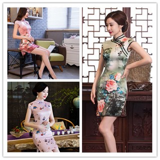 有間小鋪 短款性感開叉連身裙 少淑女改良旗袍 連衣裙 短袖晚宴包臀裙 數碼花卉手工絲綢旗袍 修身顯瘦宴會禮服女 女士唐裝, 藍花,M