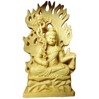 精品黃楊木不動明王持龍劍木雕佛像 隨身佛龕 佛教護法神像, 棕色, 1個