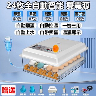 36枚全自動智能雙電源孵蛋機，雞鴨鵝鳥類通用，自動翻蛋控溫，帶照蛋功能, 1個, 24枚-自動翻蛋-自動控溫-濕度顯示-雙電源-附大禮包
