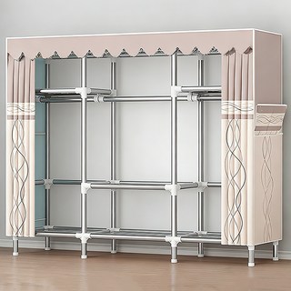 [시스슈] 강화 철제 프레임 조립형 3단 이동식 행거 | 하단 대용량 수납공간 먼지방지 커튼 일체화, 베이지색