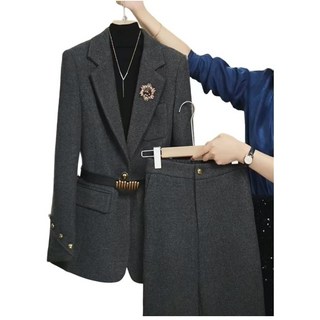 JoYouth 여성 겨울 정장세트 슬림핏 울 재킷과 와이드 팬츠로 구성된 고급스러운 스타일 통근용 아이템 블랙 톤의 모던한 디자인