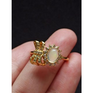 蛋白石蝴蝶結戒指 925銀活圍金色戒指