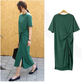 루즈핏 라운드넥 베이직 허리 포인트 캐주얼 반팔 롱 원피스