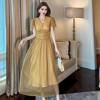 【法式收腰】連衣裙 長裙 禮服裙 網紗裙 泡泡袖連衣裙 V領連衣裙 收腰大擺設計 網紗拼接 夏季新款 聚會度假穿搭, 金杏色