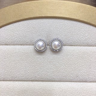 天然淡水珍珠耳釘女微鑲鋯石高級感簡約圓形珍珠耳環