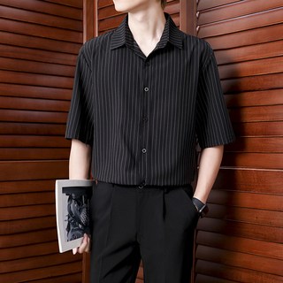 男士夏季條紋短袖襯衫 韓版休閒冰絲垂感寸衫