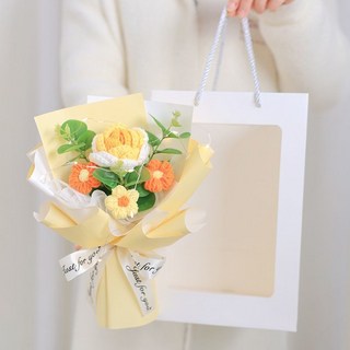 編織花束 針織花 毛線花束 向日葵花束 大束鈎針毛綫花束 生日禮物 情人節禮物, 1個, 1朵漸黃3芙扇形+燈+袋