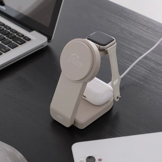 WOOWAY 磁吸無線三合一折疊充電器 G2-3，適用於手機、手錶、耳機，快速充電，便攜折疊設計, 奶茶色, 1個