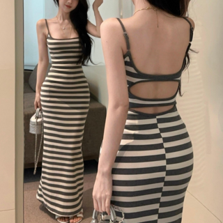 히또리 X4529 스트라이프 줄무늬 골지 뒷태 머메이드 끈 롱 원피스