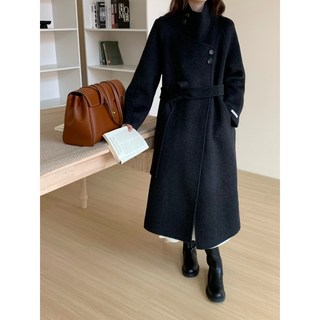 秋冬復古寬鬆大立領加長款雙面羊毛大衣 女高個子羊絨毛呢外套