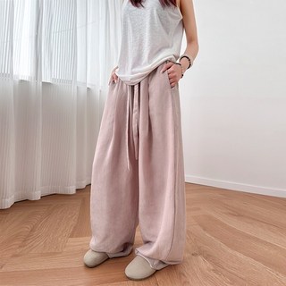 한벌의 여름 통기성 시원한 끈 결속 캐주얼 여성 린넨 와이드핏 롱 팬츠