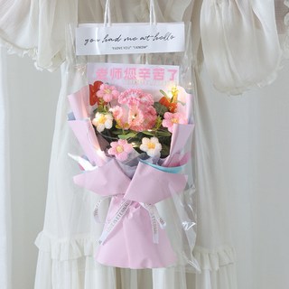 手工編織毛線花束，教師節/七夕節/情人節禮物，生日批發成品, 粉康乃馨泡芙花+禮袋_成品-幸福, 1個