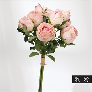 把束干花玫瑰做舊仿真花 仿干花束假花絹花客廳餐桌裝飾攝影道具仿真花永生花人造花乾燥花永不凋零拍照道具假花裝飾居家裝飾, 秋粉-1束6支12朵