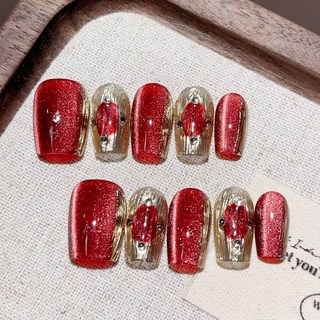 貓眼美甲穿戴甲 純手工指甲貼片 BNP022-27 (共6色), 1個, BNP027-紅,M碼(實品拍攝)