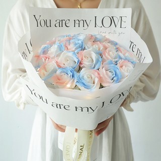 KEMEI 시들지않는 LED 비누 생화 꽃다발 프리저브드 장미 꽃다발 졸업, 블루핑크