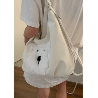 旅行大師可愛狗頭造型斜背包，學院風大容量單肩背包, 米白色