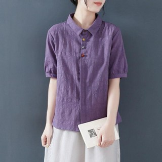 여성 여름 반팔 린넨 셔츠 패션 슬림핏 면 마 블라우스 캐주얼 터틀넥 솔리드 남방 루즈핏 이너 상의 LJX