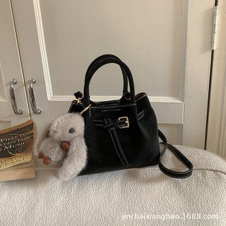 復古麂皮絨手提包 小側背包 簡約單肩斜挎包, 黑色+掛件
