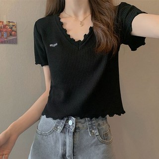 빛깃닥 여름티셔츠 여성용 시원한 레이온 니트 숏 반팔 티셔츠 V넥 오버핏 여름 캐주얼 베이직