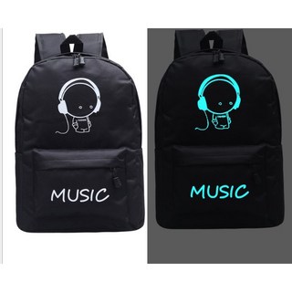 韓版夜光男士黑色背包雙肩包女初中生中小學生書包男士時尚, 音樂耳機螢光版