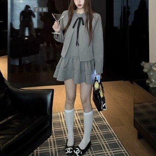 復古千金風 長袖西裝外套 木耳邊背心 連衣裙2026秋季新款時尚套裝女