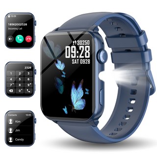 IOWODO R30MAX 스마트워치 1.91인치 HD 곡면 디스플레이 메시지 알림 수면 추적 100가지 이상 운동 모드 LED 손전등 IP68 방수 통화가능 스마트워치, 파란색, 3.7cm, 블루투스