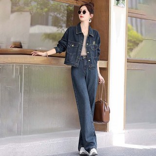 AOKADA 여성 봄 가을 청자켓 세미 와이드 데님 팬츠 일자 통청바지 투피스 상하의 세트