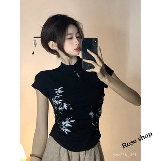 【台灣出貨】 新中式國風複古墨竹印花立領T恤女夏季2024新款修身顯瘦短款上衣