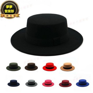 嘉義出貨 2024年新品到貨復古英式黑絲帶平頂帽子情侶男女紳士帽子女士大平簷羊毛保暖帽