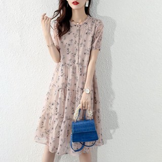 패스타임 여름 빈티지 플라워 반팔 쉬폰 플레어 A라인 하프 원피스