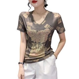 댄스복 상의 여성용 프린트 브이넥 핫피스 망사 반팔 티셔츠 뉴타임즈 A201D229