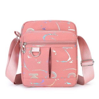 時尚單肩斜背包 尼龍布印花小方包, 粉色