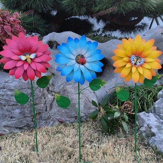 臺南出貨 可拆卸鐵藝花朵 戶外花園裝飾風車 可轉動向日葵風車 花園草地藝術花卉花盆插件, 藍色, 1個