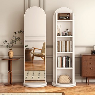 BYOU 인테리어 전신거울 스탠드거울 360도 양쪽 회전 4단책장, 화이트