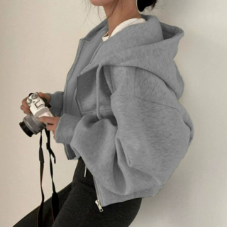 쁘띠엘라 후드 집업 세미 크롭 기모 가디건