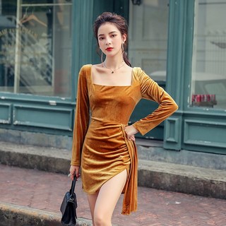 【DF】 가을 겨울 진짜 샷 실제 가격 슬림 칼집 긴 소매 벨벳 섹시한 나이트 클럽 슬리밍 드레스