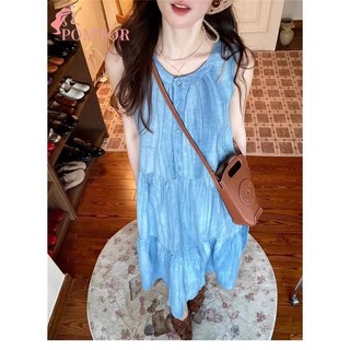 POMTOR 여성 여름 루즈핏 오프숄더 나시 휴양지룩 롱 원피스