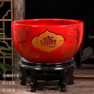 招財聚寶盆 祈福景德鎮陶瓷器聚寶盆工藝品 玄關家居客廳裝飾品 辦公室擺件 喬遷送禮, 紅色直徑29CM(裡面紅色)
