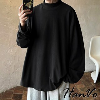 HanVo 男款半高領素色長袖內搭上衣 - 秋冬絨毛寬鬆百搭柔軟韓系休閒男生衣著 B02-2035