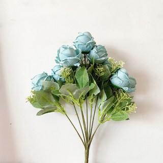 Sunday 高檔仿真山茶花玫瑰花束，浪漫居家裝飾，婚慶牡丹假花, 藍色, 1個