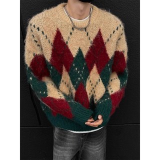 美式復古菱格紋針織毛衣 男女冬季寬鬆情侶慵懶風上衣